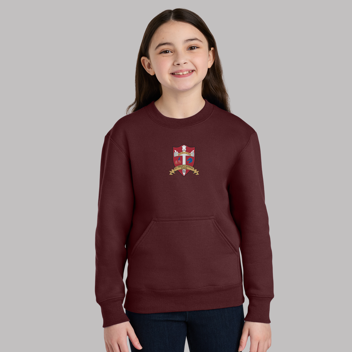 Port & Co® Youth Core Fleece Crewneck Pocket Sweatshirt - PC78YPKT - MAROON (S.P)